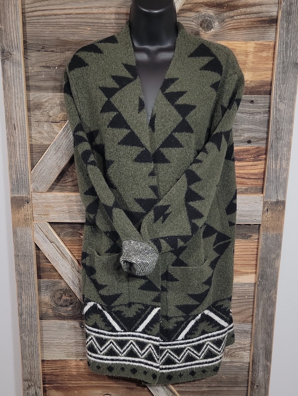 Frye Olive Green and Black Geometric Open-Front Cardigan